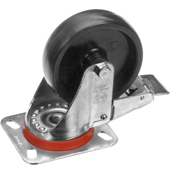 A black and red Carpigiani caster with a red wheel.