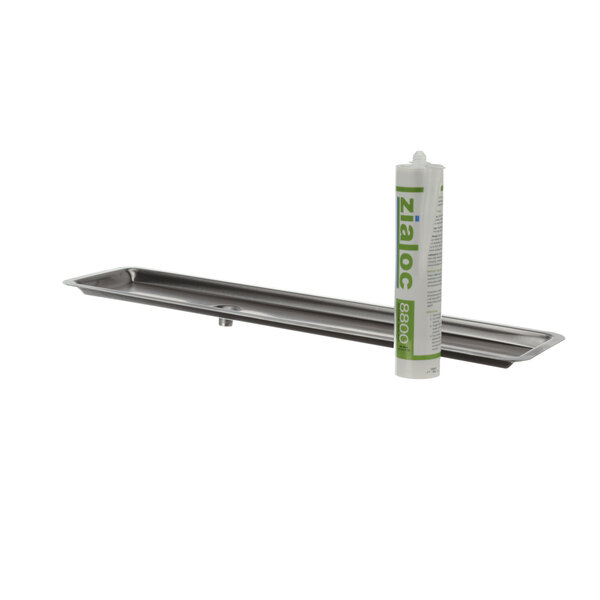 A stainless steel Continental Refrigerator evap drain pan with a white tube and label.