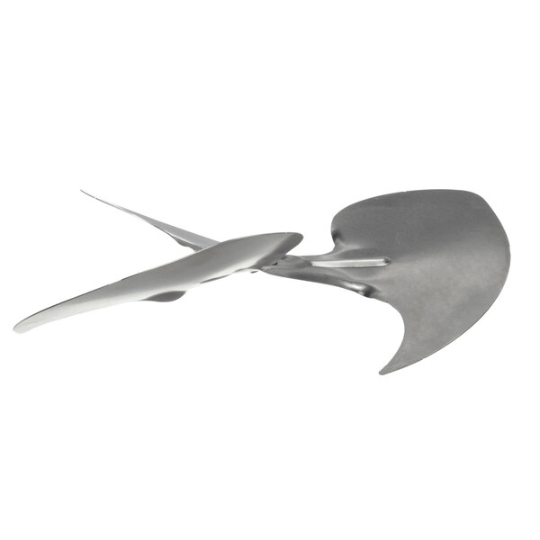 A silver metal Hussmann fan blade on a white background.