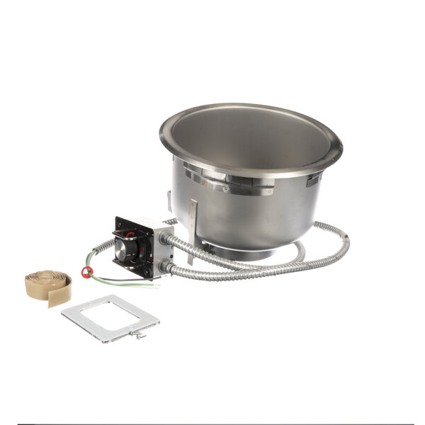 A stainless steel Hatco soup pot with a wire and lid.