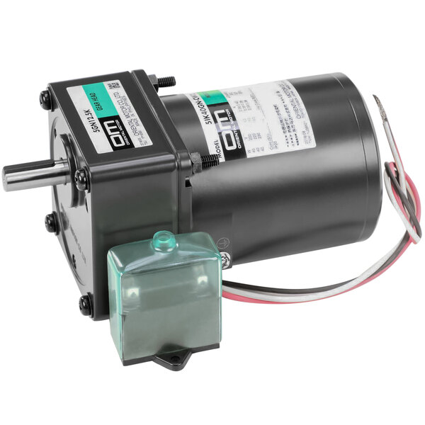 A black electric gearmotor with a white label.