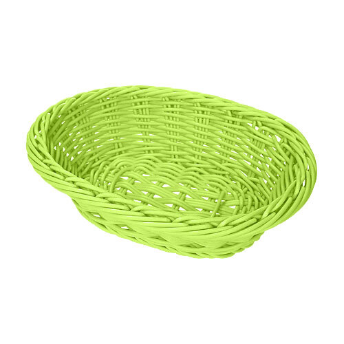 A close-up of a green oval plastic basket with handles.