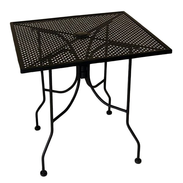 A black American Tables & Seating square top outdoor table with a lattice design.