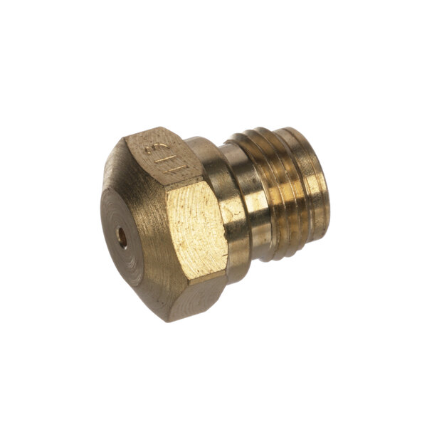 A brass Rinnai injector with threaded pipe fitting and brass nut.