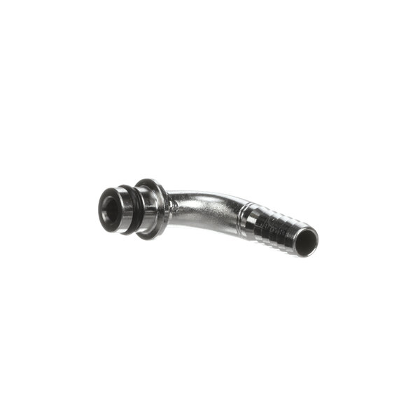 A silver metal Lancer 90 degree elbow input fitting for a beverage dispenser.