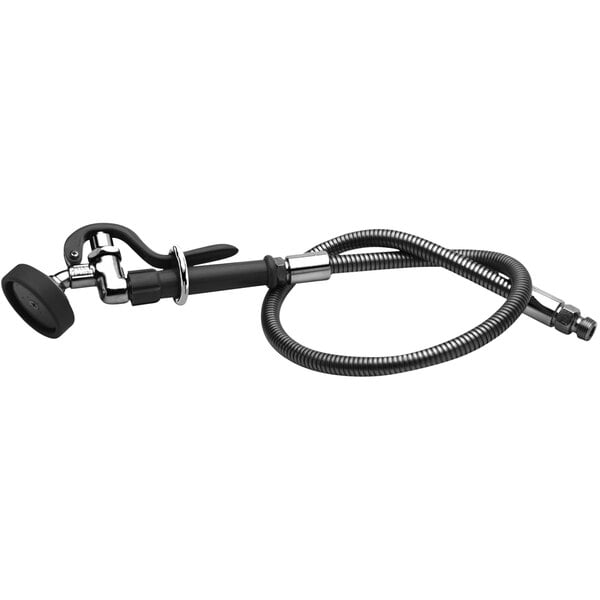 A black hose with a metal hook on it.
