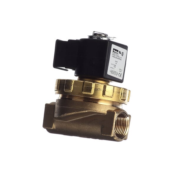 A close-up of a Hobart brass solenoid valve with a black cover.