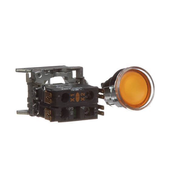 A Hobart momentary switch block with a round orange light.
