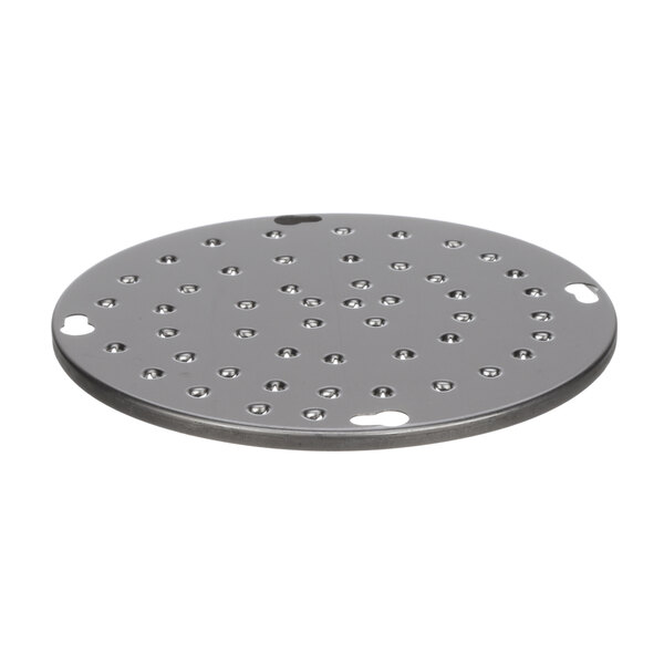 A circular stainless steel Skyfood plate with holes.