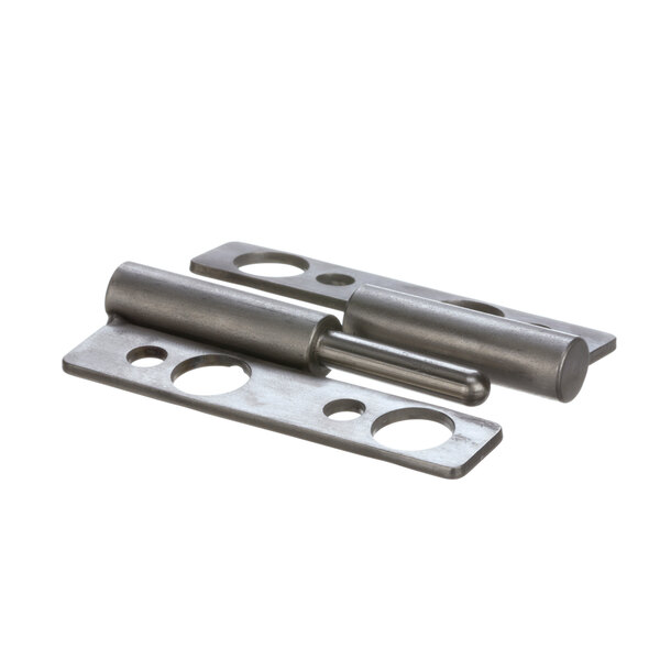 Two stainless steel American Dish Service door hinges with holes.