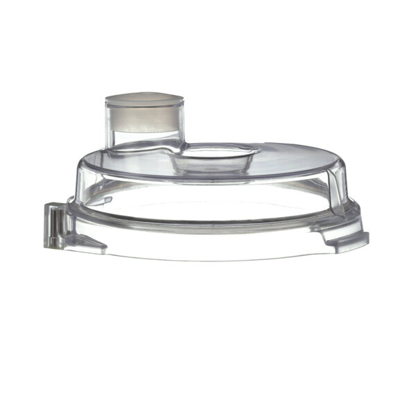 A clear plastic lid with a rubber seal for a Dito Dean food processor.