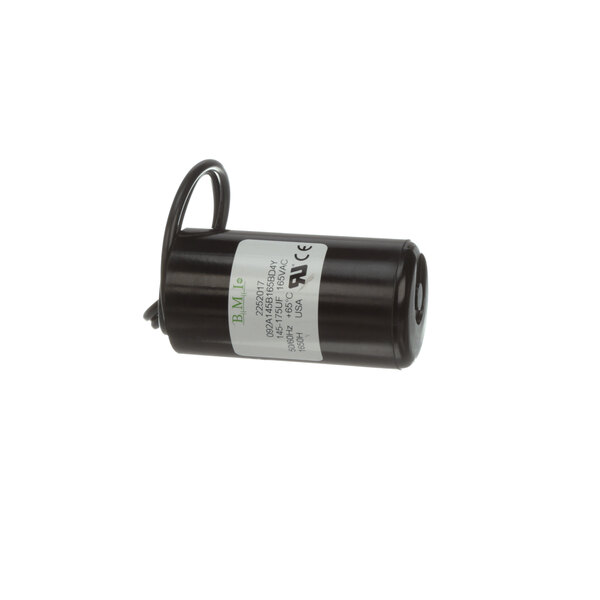 A black cylinder capacitor with a white label.