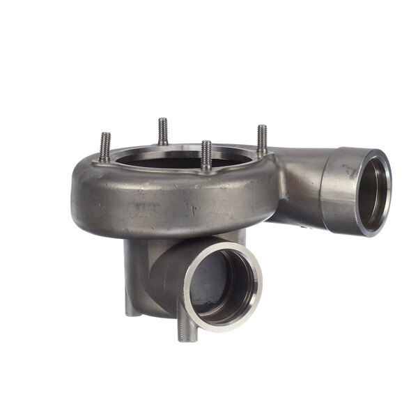 A stainless steel Hobart Involute pump pipe with two holes and screws.