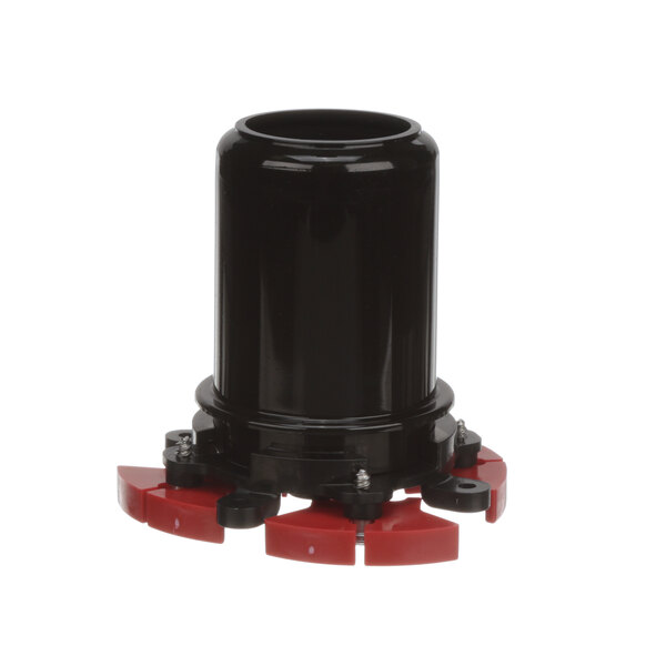 A black and red plastic Lancer nozzle assembly with a white cap.