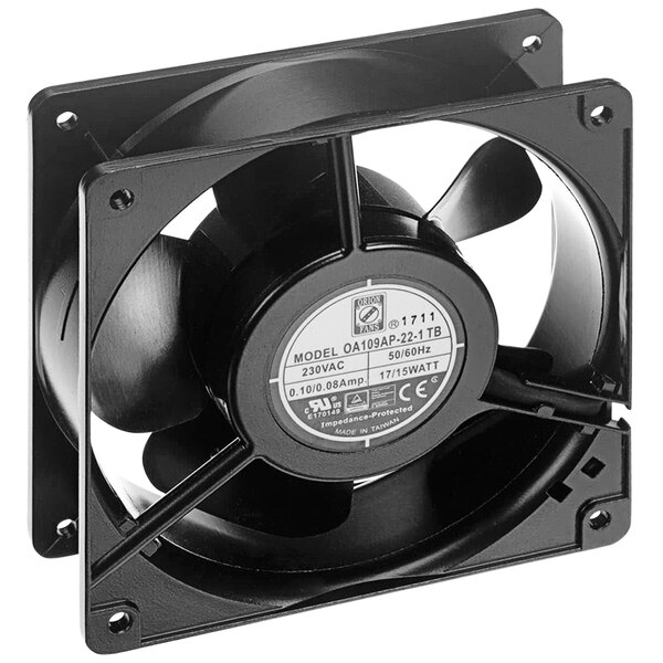 A black Vollrath cooling fan with a white label.