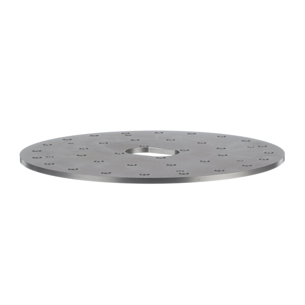 A circular metal Dutchess Bakers' Machinery plug plate with holes.