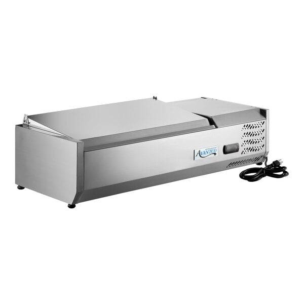 A stainless steel 40-inch countertop refrigerated prep rail with a power cord.