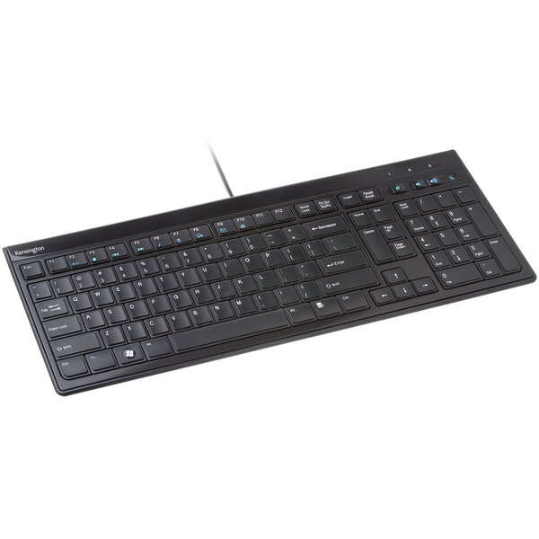 A black Kensington Slim Type wired keyboard with white text.