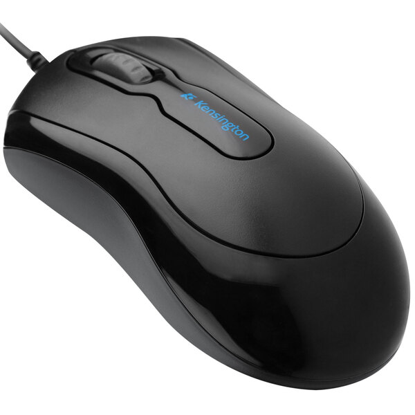 A black Kensington Mouse-in-a-Box USB mouse with blue writing.