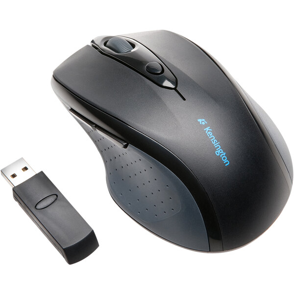 A black Kensington ProFit wireless computer mouse with a USB stick attached.