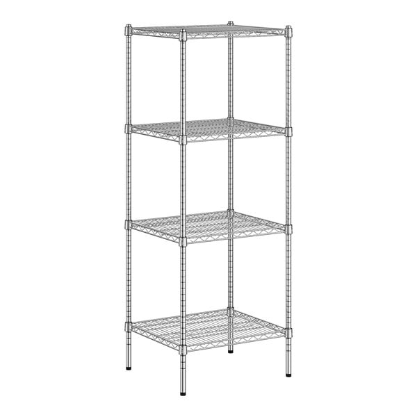 A white wireframe metal shelving unit with four shelves.