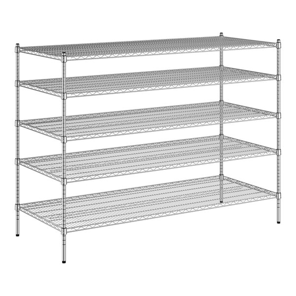 A wire shelving unit with four shelves.