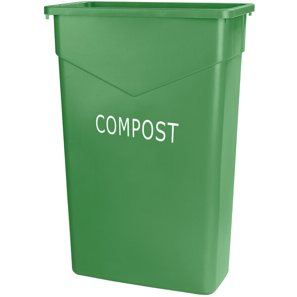 A green Carlisle rectangular trash can with "COMPOST" in white text.