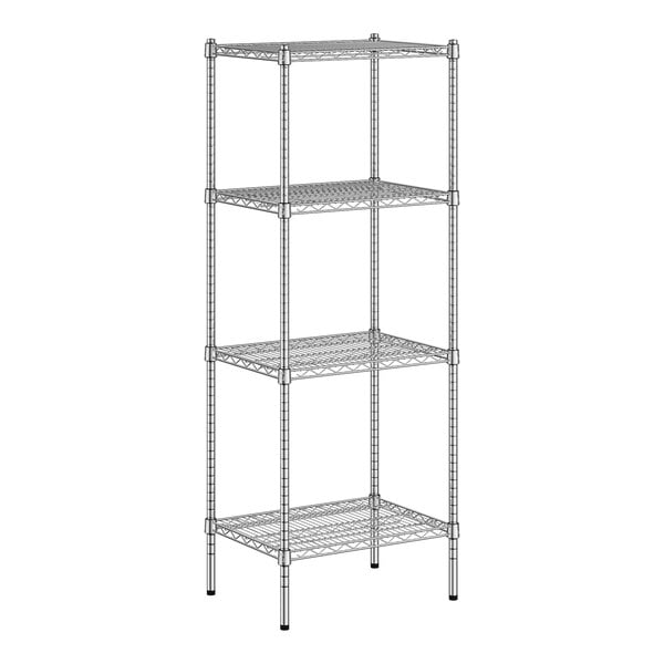 A wireframe of a Regency chrome metal wire shelving unit with four shelves.