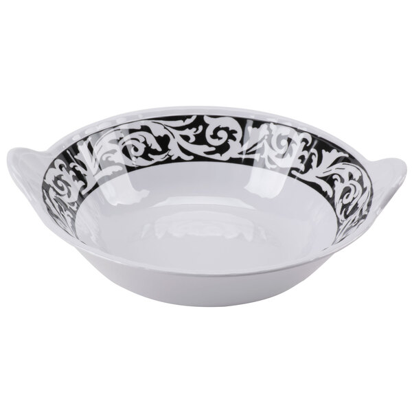 A white melamine bowl with black trim.