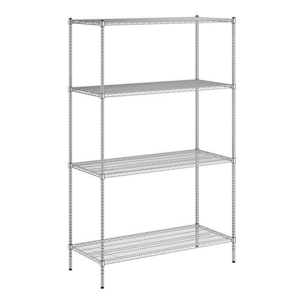 A wireframe of a Regency metal wire shelf with four shelves.