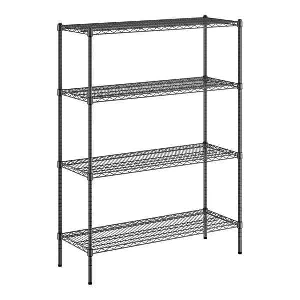 A black wire shelving unit with four shelves.