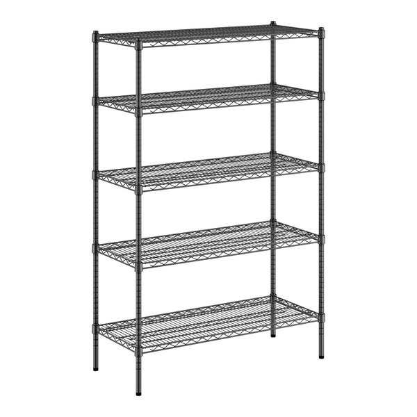 A black wire-frame Regency shelving unit with four shelves.