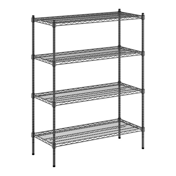 A black wire shelving unit with four shelves and poles.