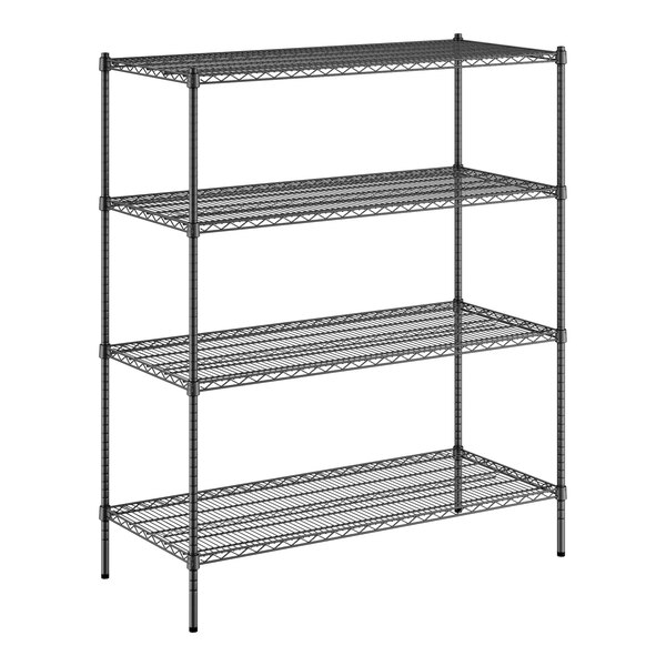 A black wire shelving unit with four shelves on wireframes.