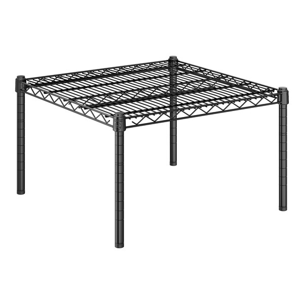 A black epoxy dunnage shelf with a wire grid surface and four 14-inch posts, measuring 24 by 24 inches.
