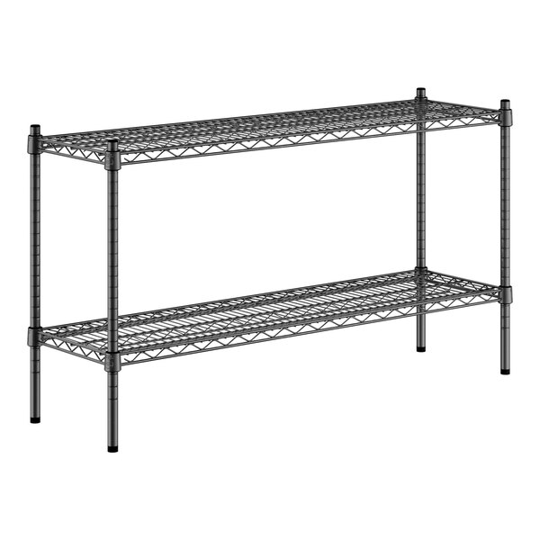 A black metal Regency wire shelving kit with two shelves and metal legs.