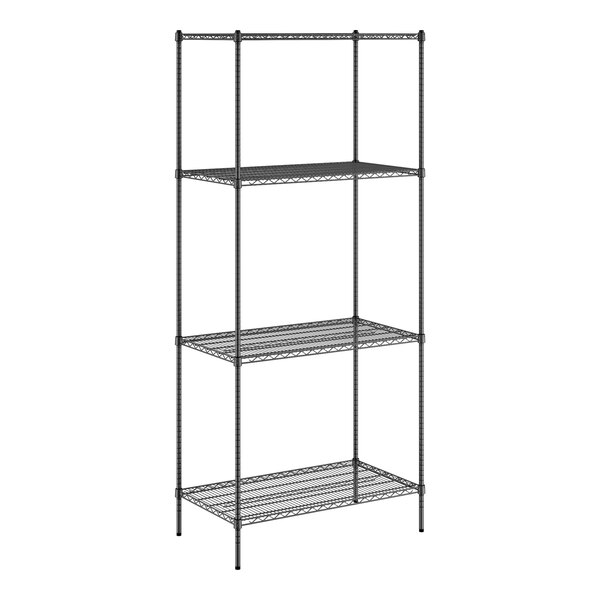 A black wire shelving unit with four shelves on 96" black posts.