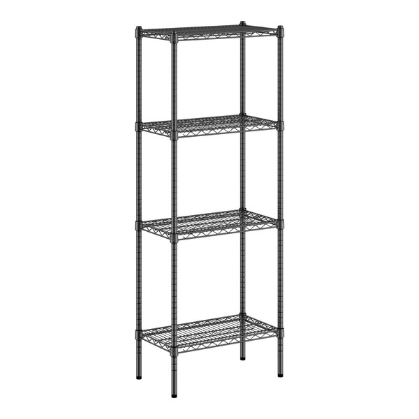 A black metal wire shelving unit with four shelves.