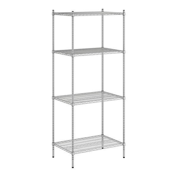 A close-up of a wireframe metal shelf from a Regency Chrome Wire Shelving Kit.