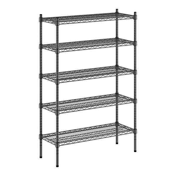 A black metal Regency wire shelving unit with five shelves.