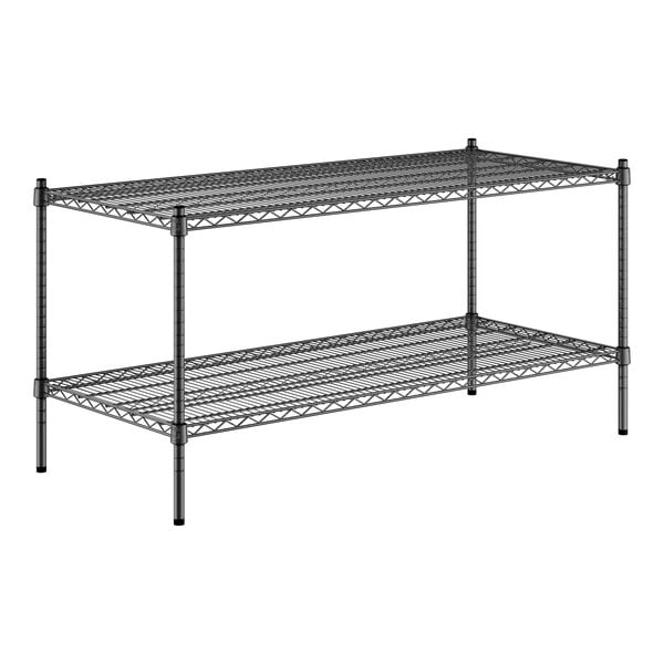 A Regency black wire shelving unit with two shelves.