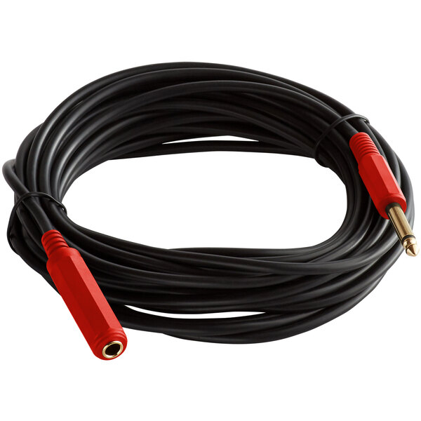 A black Oklahoma Sound microphone extension cable with red connectors.