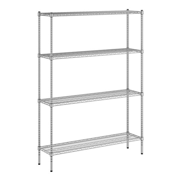A wireframe of a Regency chrome wire shelving unit with four shelves.