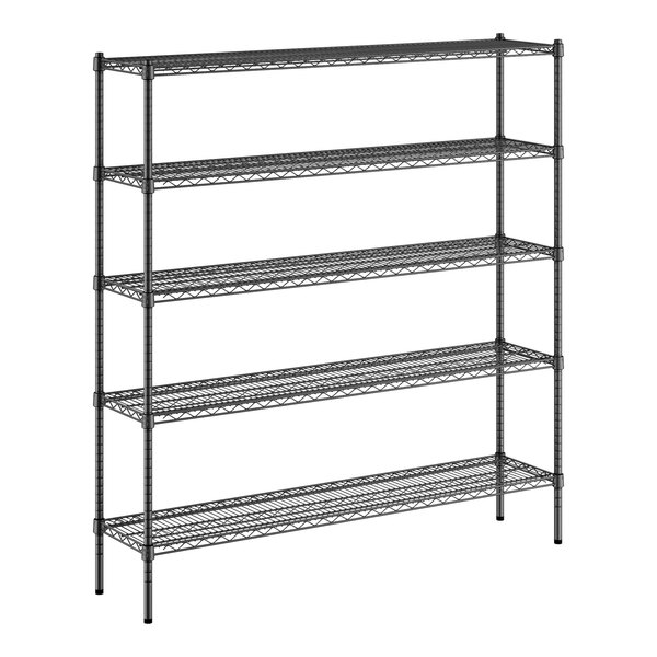A black metal Regency wire shelving unit with five shelves.
