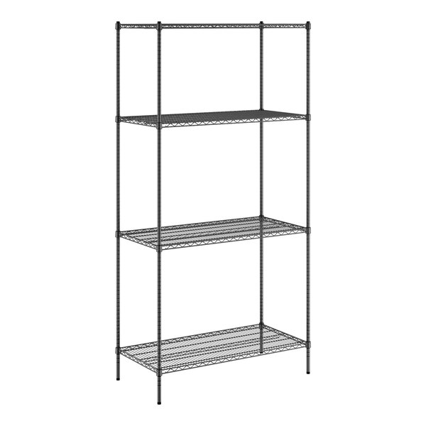 A Regency black wire shelving unit with three shelves.