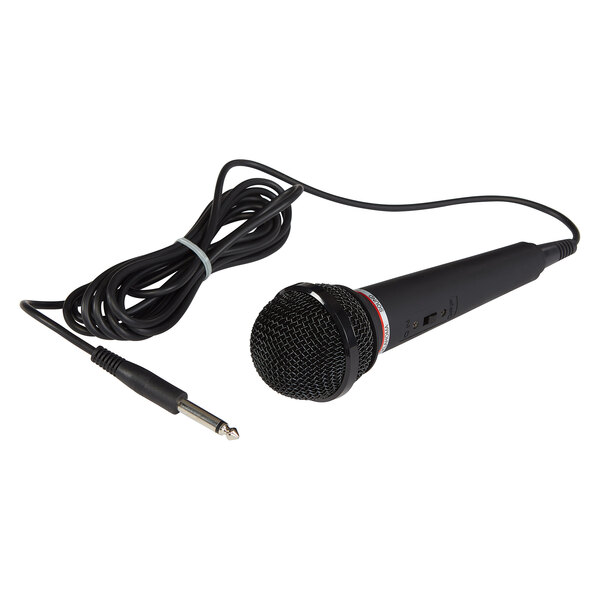 An Oklahoma Sound dynamic handheld microphone with a cord.