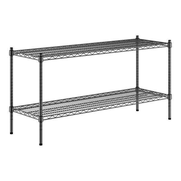A black wire shelf kit with two shelves on black posts.