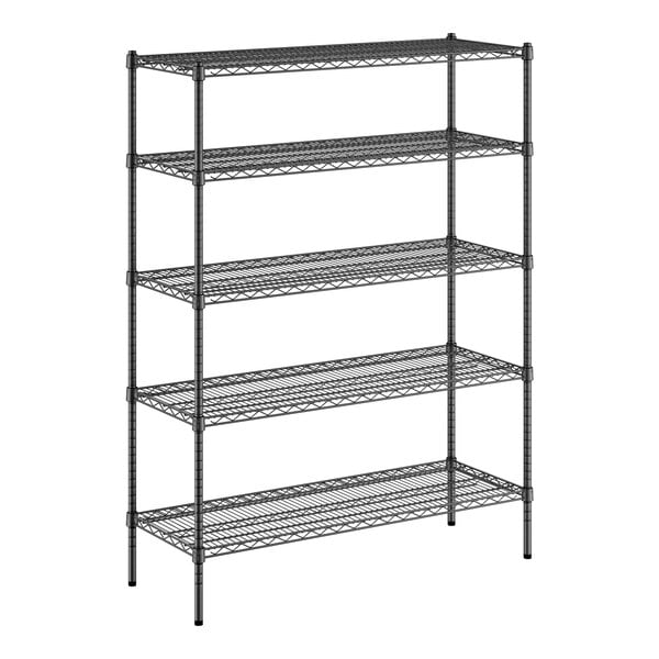 A black metal Regency wire shelving unit with four shelves.