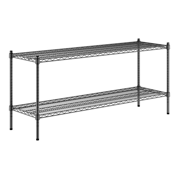 A black wire shelf kit with two shelves and black wireframe shelves.
