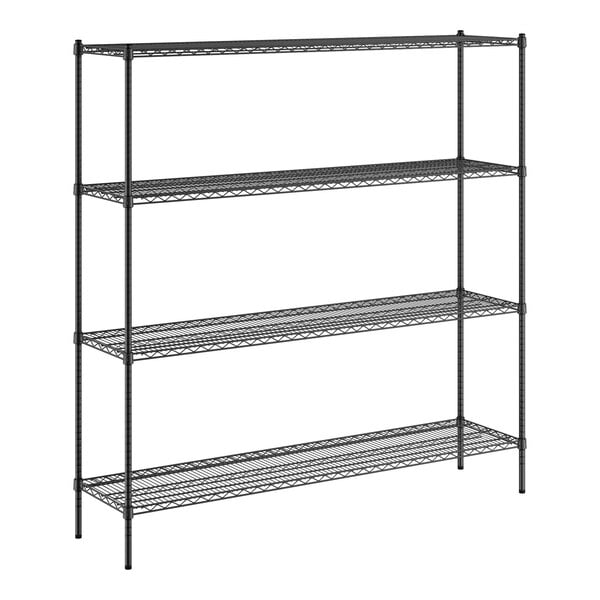 A Regency black metal wire shelving unit with four shelves.